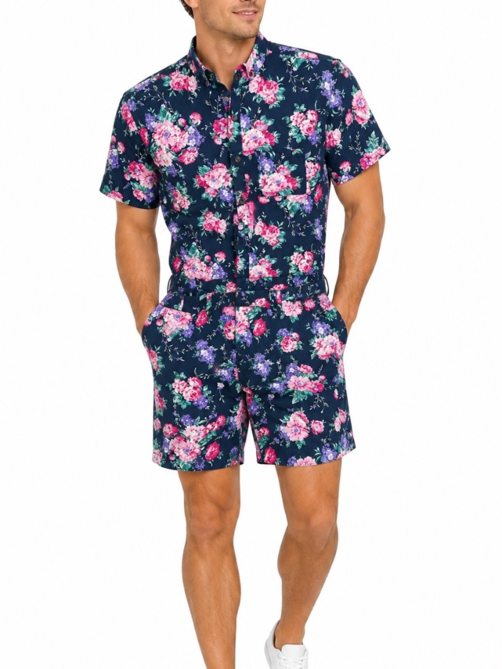 RomperJack NWT Men’s Sz M Floral Romper Navy Pink Purple Short Sleeve Jumpsuit